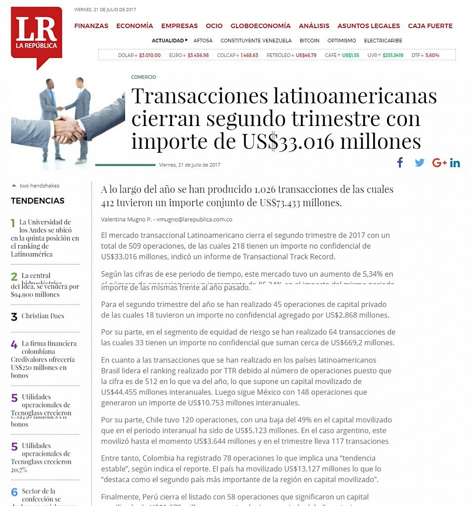 Transacciones latinoamericanas cierran segundo trimestre con importe de US$33.016 millones